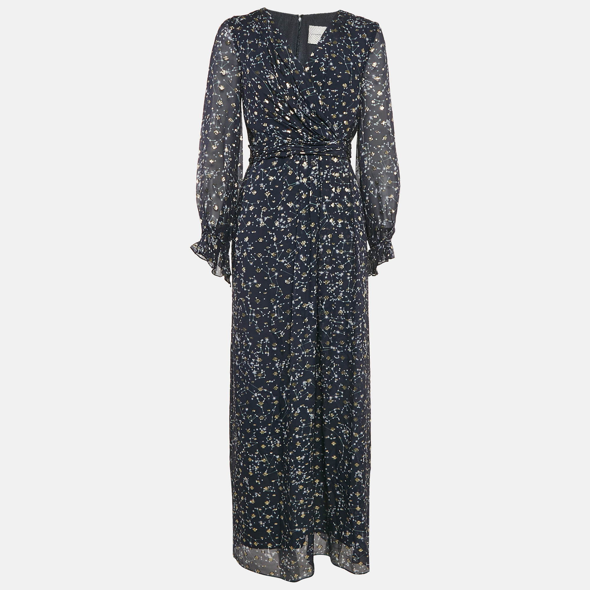 

Carolina Herrera Navy Blue Printed Lurex Silk Maxi Dress M