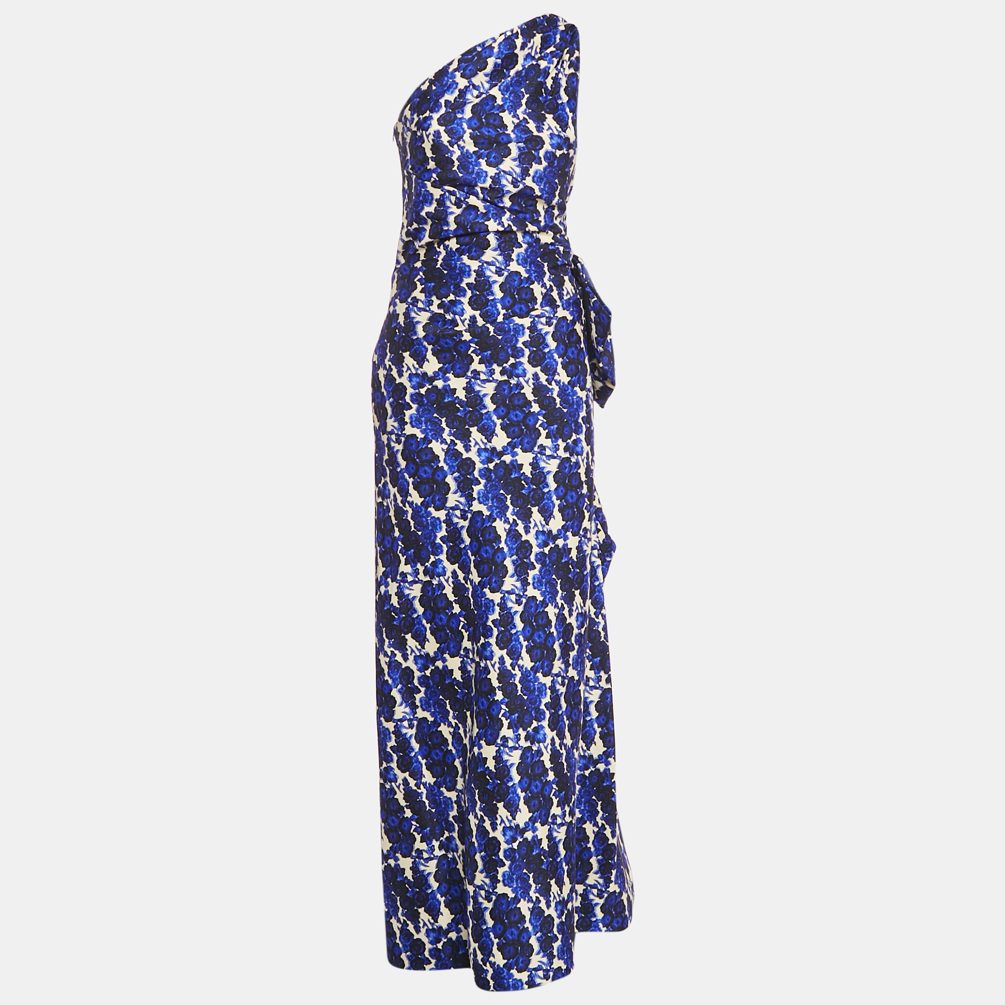 

Carolina Herrera Blue Rose Print Cotton Blend One Shoulder Maxi Dress L