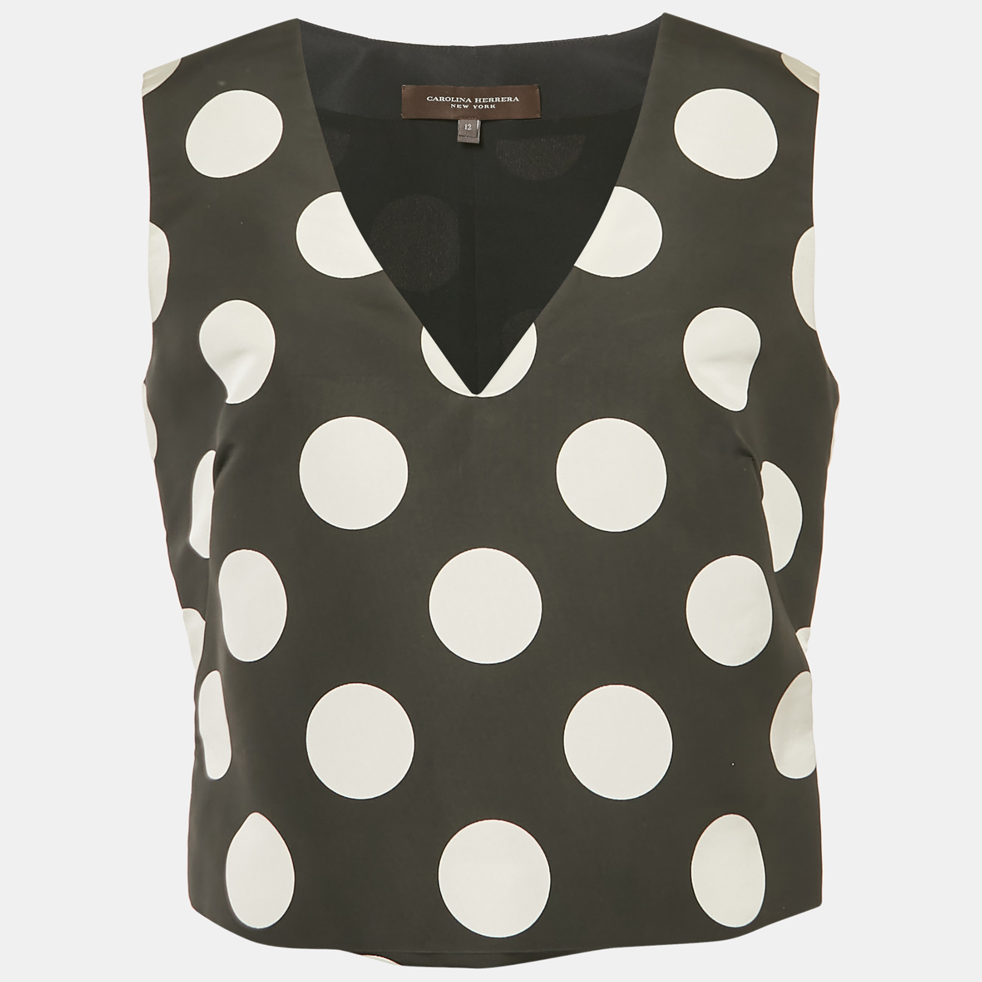 

Carolina Herrera Black Polka Dots Print Silk V-Neck Top L