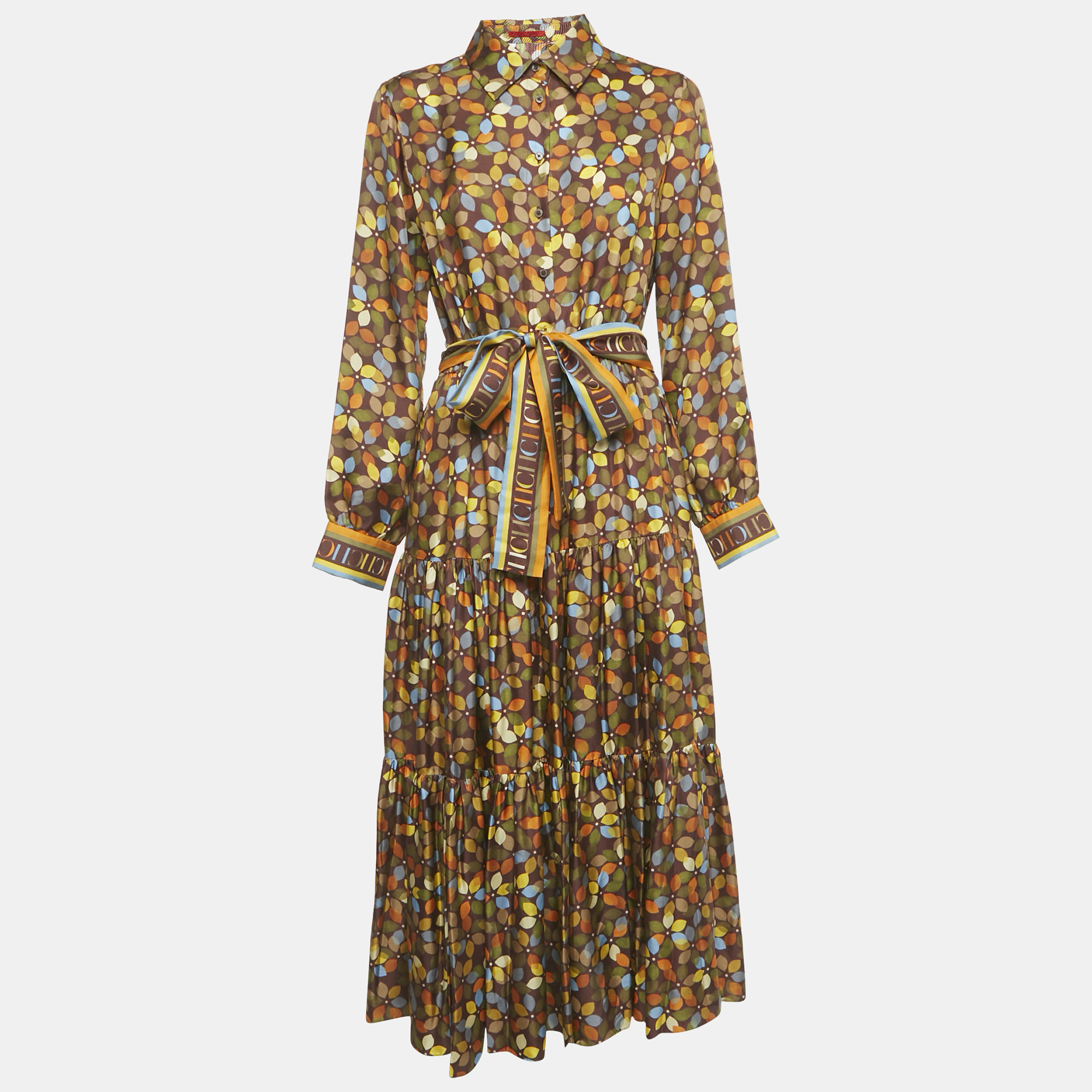 Pre-owned Carolina Herrera Brown Printed Silk Belted Maxi Dress M