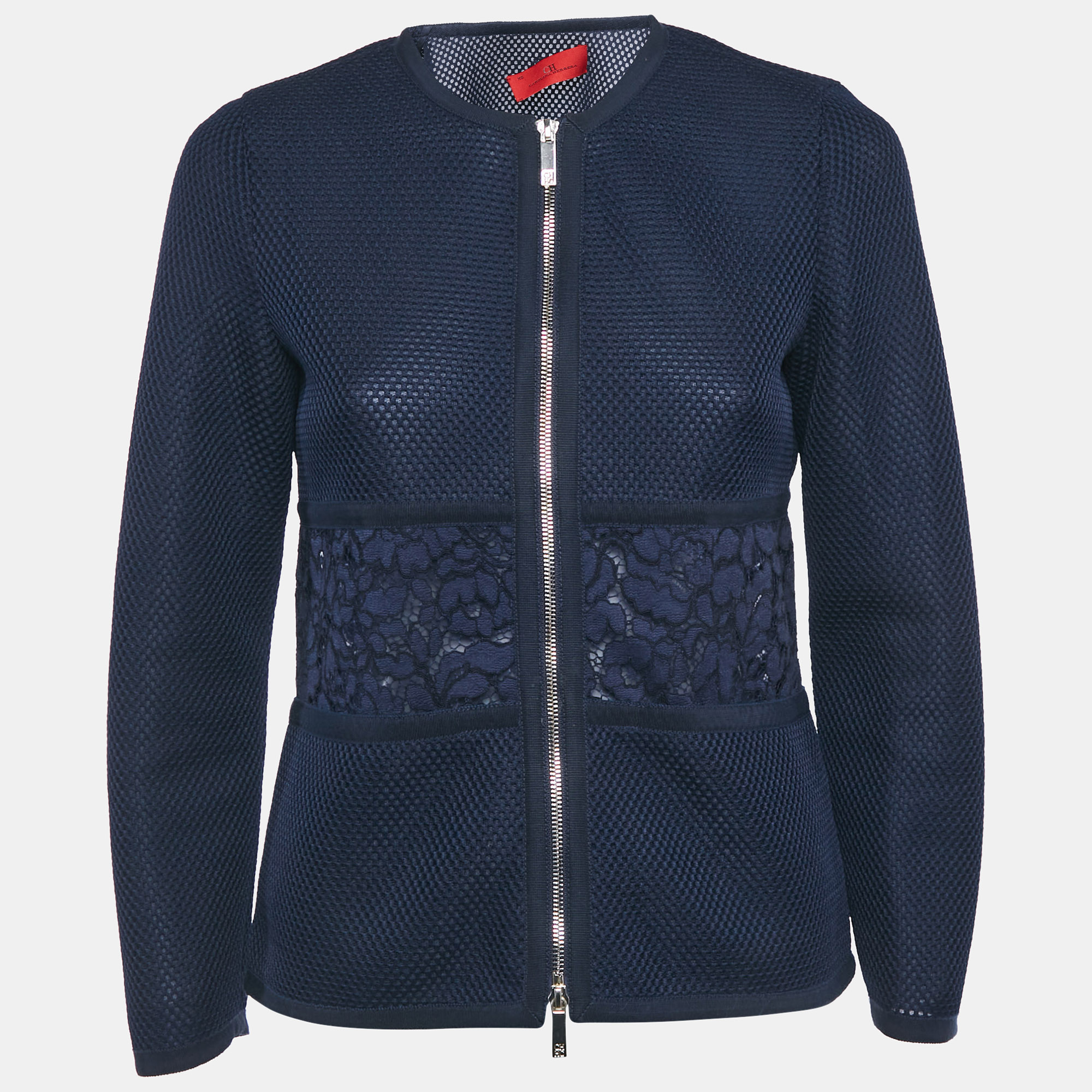 Pre-owned Carolina Herrera Navy Blue Mesh Lace Paneled Zip-up Jacket Xs