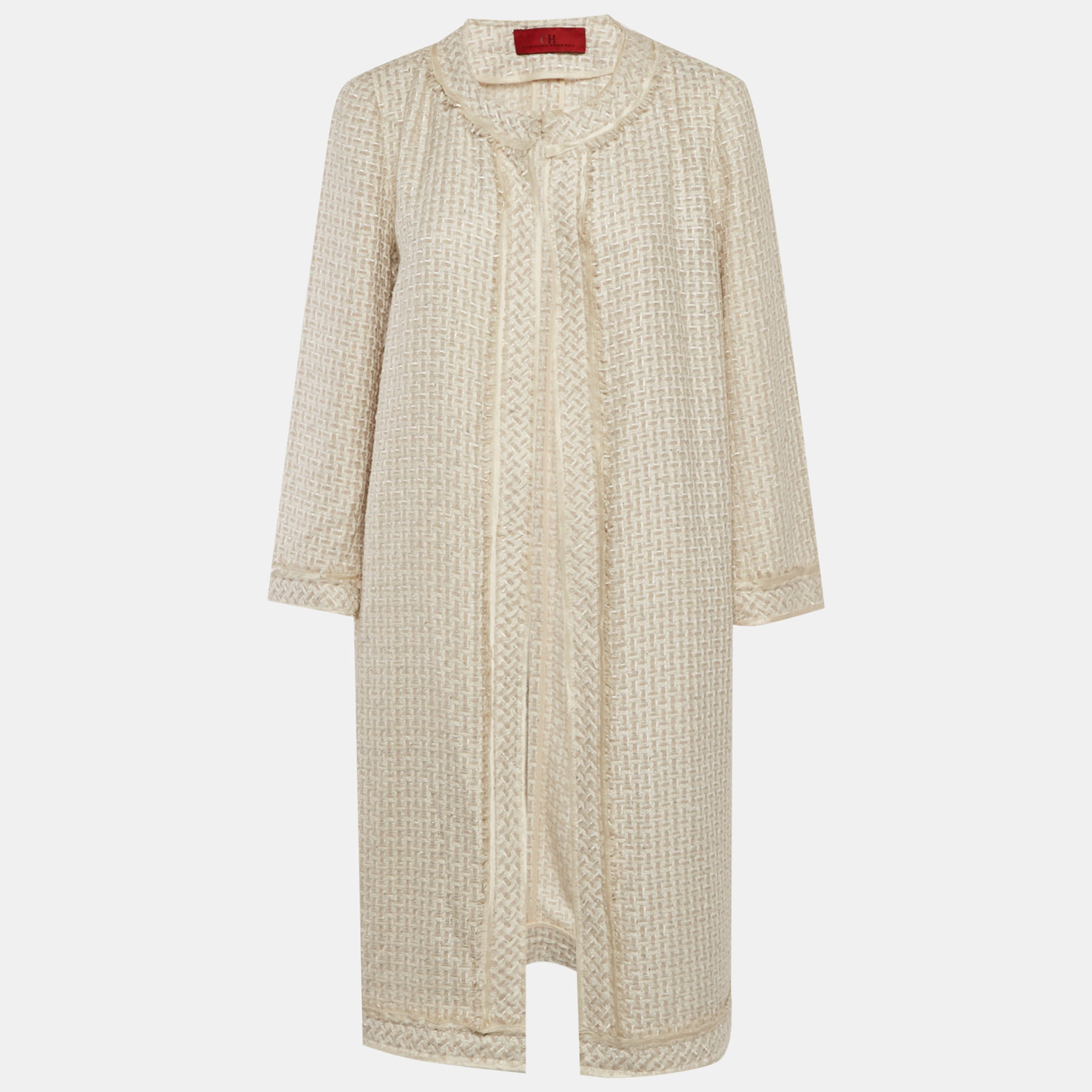 Pre-owned Carolina Herrera Beige Tweed Open Front Coat L In Sand