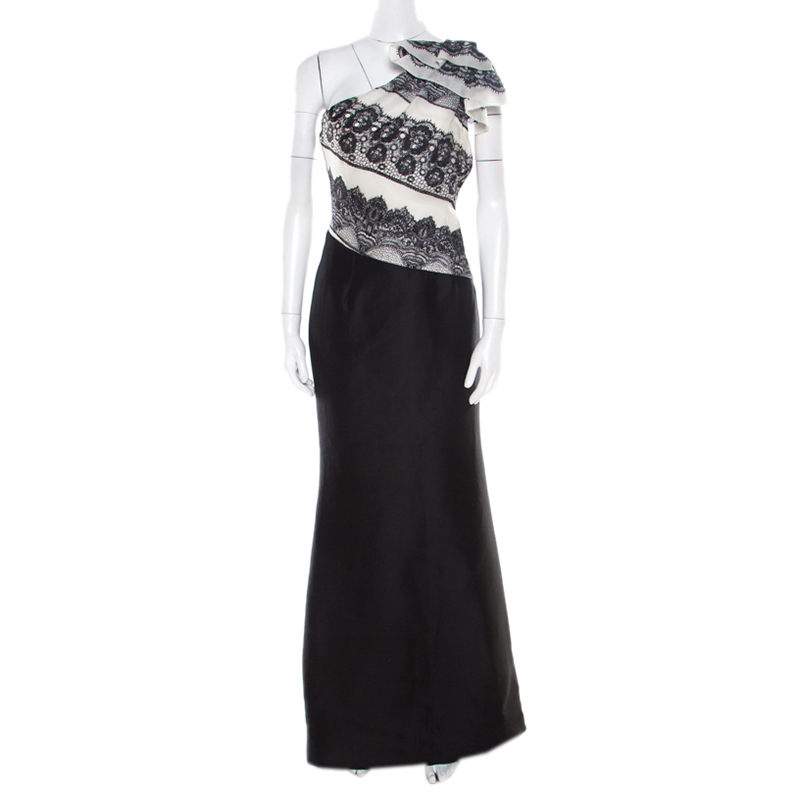 

Carolina Herrera Monochrome Lace Print Silk One Shoulder Evening Gown L, Black