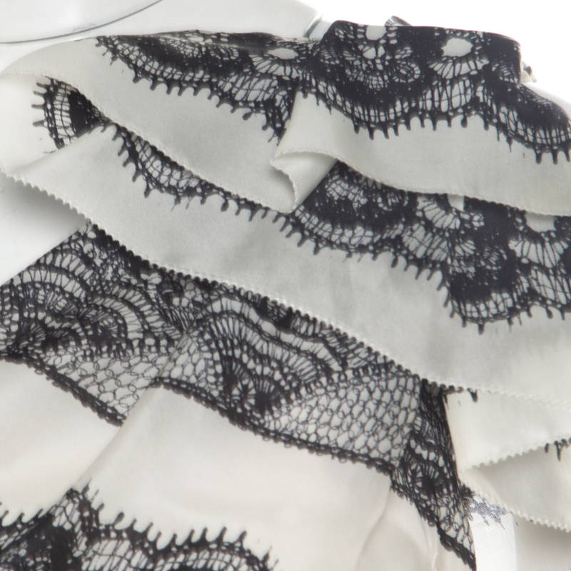 Pre-owned Carolina Herrera Monochrome Lace Print Silk One Shoulder Evening Gown L In Black