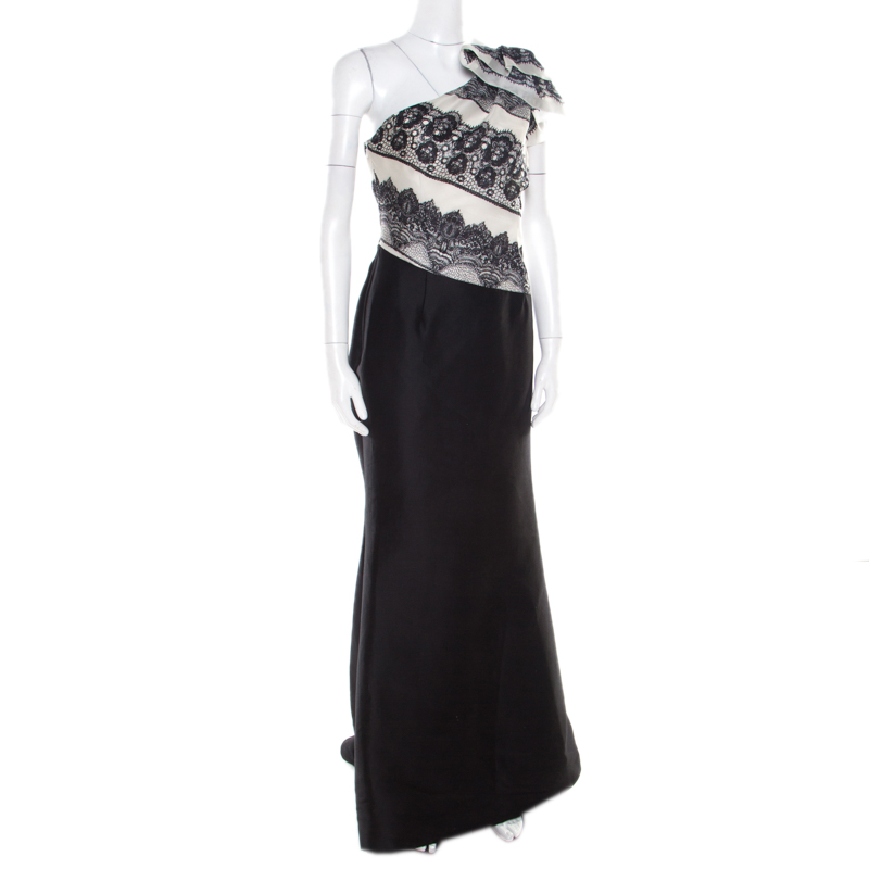 Pre-owned Carolina Herrera Monochrome Lace Print Silk One Shoulder Evening Gown L In Black