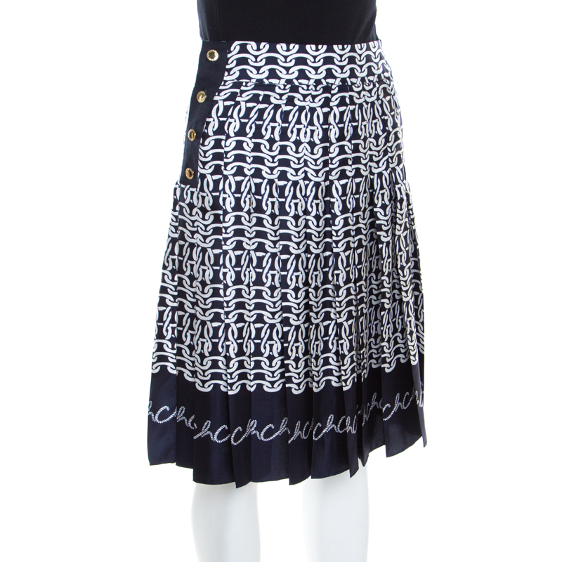

Carolina Herrera Indigo Nautical Print Silk Pleated Skirt, Blue