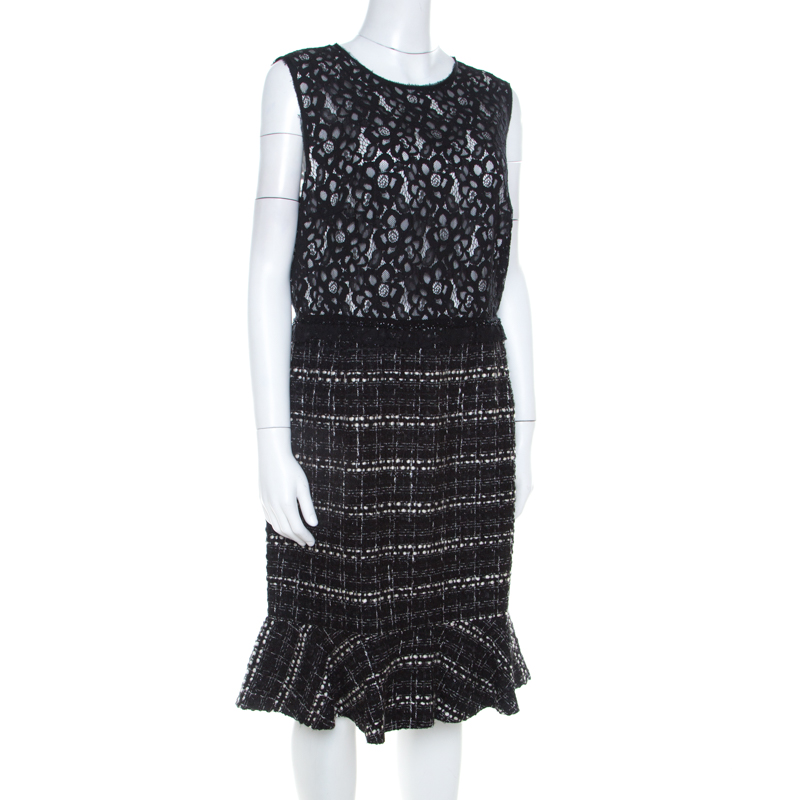 

CH Carolina Herrera Monochrome Lace and Tweed Sleeveless Dress, Black