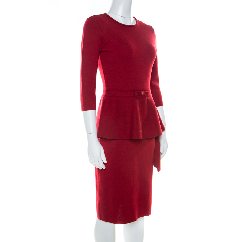 

Carolina Herrera Red Stretch Wool Peplum Dress