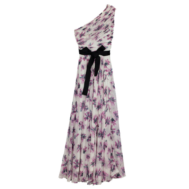 Carolina Herrera One Shoulder Floral Chiffon Gown L