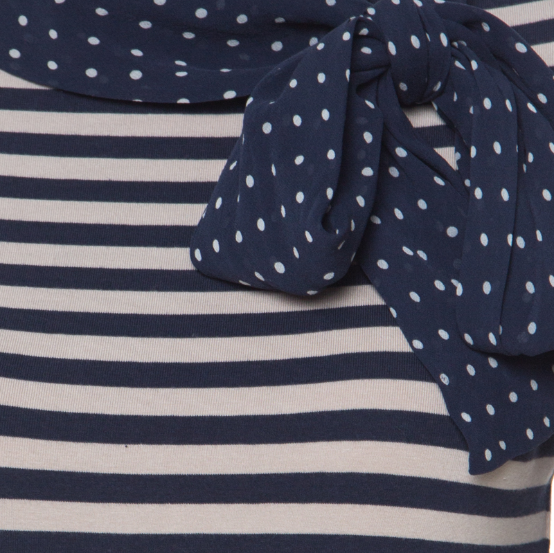 Pre-owned Carolina Herrera Blue And Beige Striped Cotton Jersey Necktie Detail Top Xs
