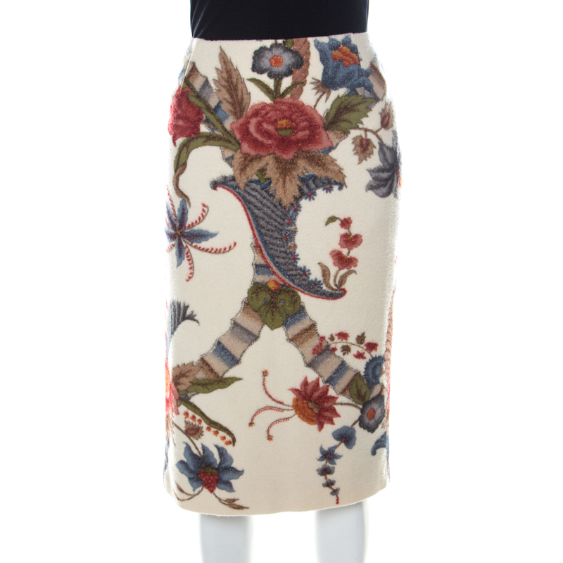 Pre Owned Carolina Herrera Beige Felted Wool Floral Print Sheath Skirt M
