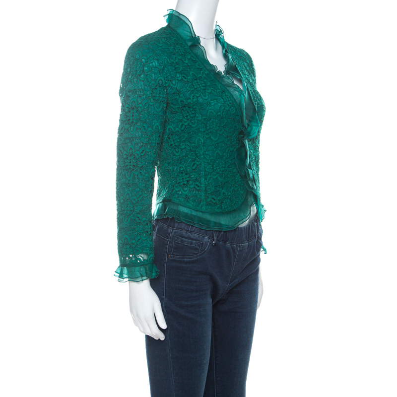 

Carolina Herrera Green Lace & Silk Ruffle Trimmed Crystal Button Jacket