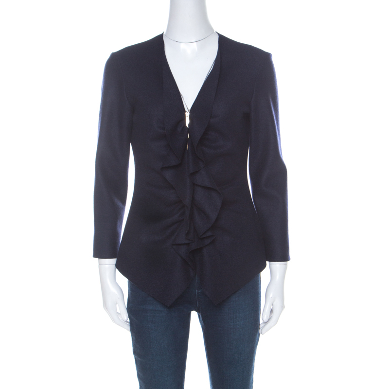 Pre Owned CH Carolina Herrera Navy Blue Fleece Wool Ruffle Detail Zip Front Jacket M
