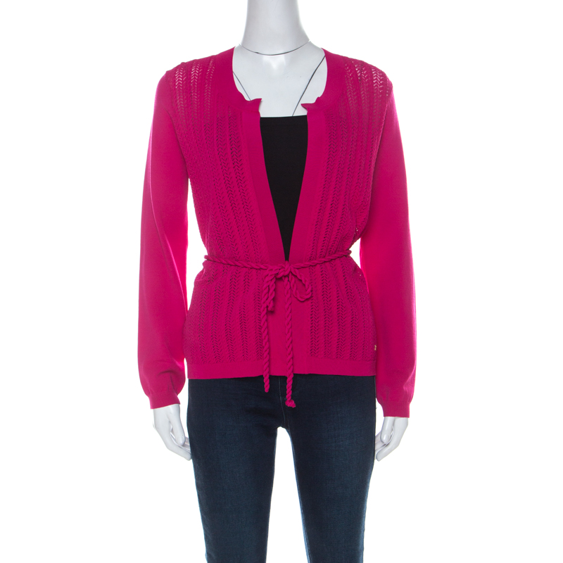 Pre Owned Carolina Herrera Fuschia Pink Crochet Knit Belted Cardigan S