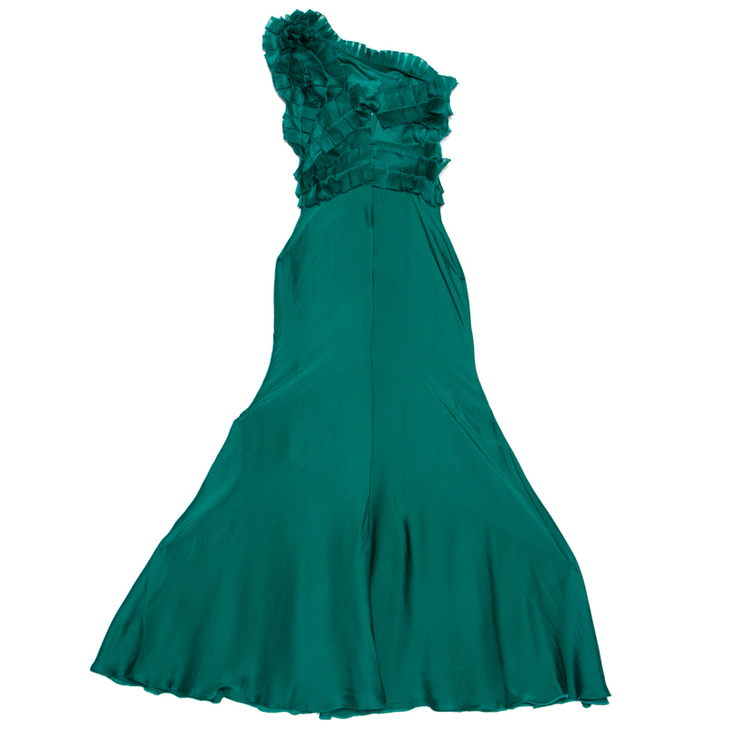 

Carolina Herrera Green Silk Pleated Ruffle Bodice Evening Gown