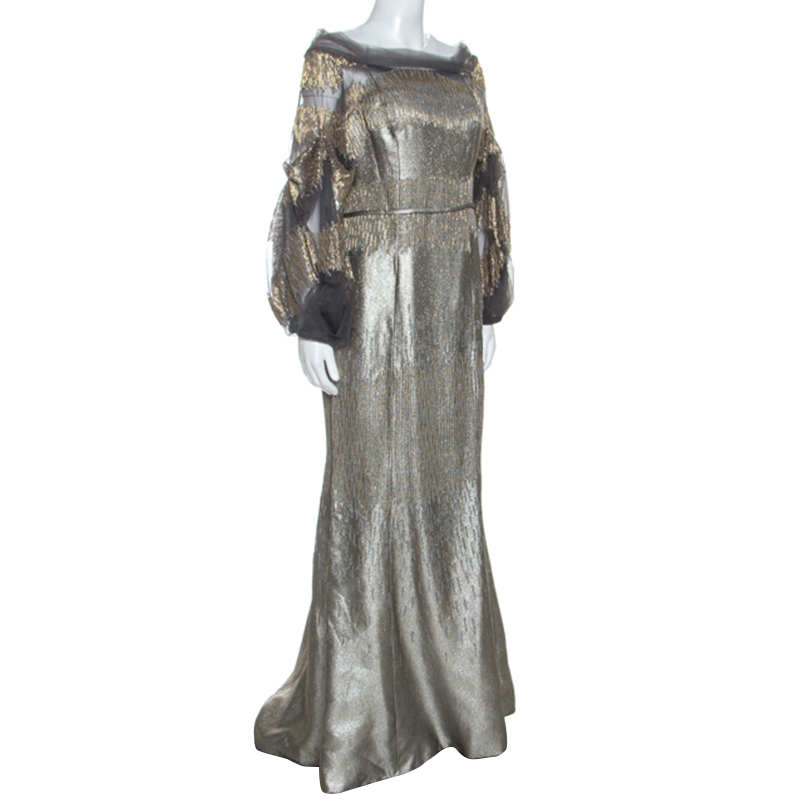 

Carolina Herrera Silver Jacquard Embellished Detail Off Shoulder Gown