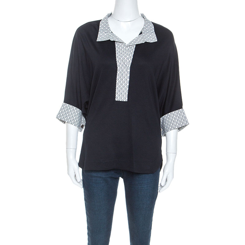 Pre Owned Carolina Herrera Navy Blue Jersey Contrast Trim Dolman Sleeve Top M