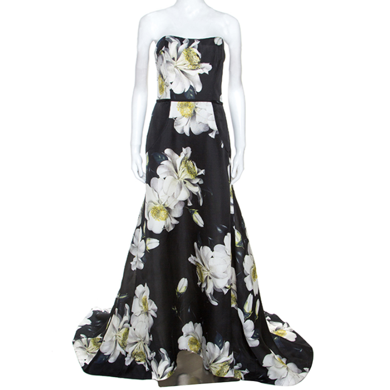 Pre-owned Carolina Herrera Black Floral Printed Silk Strapless Gazaar Gown L