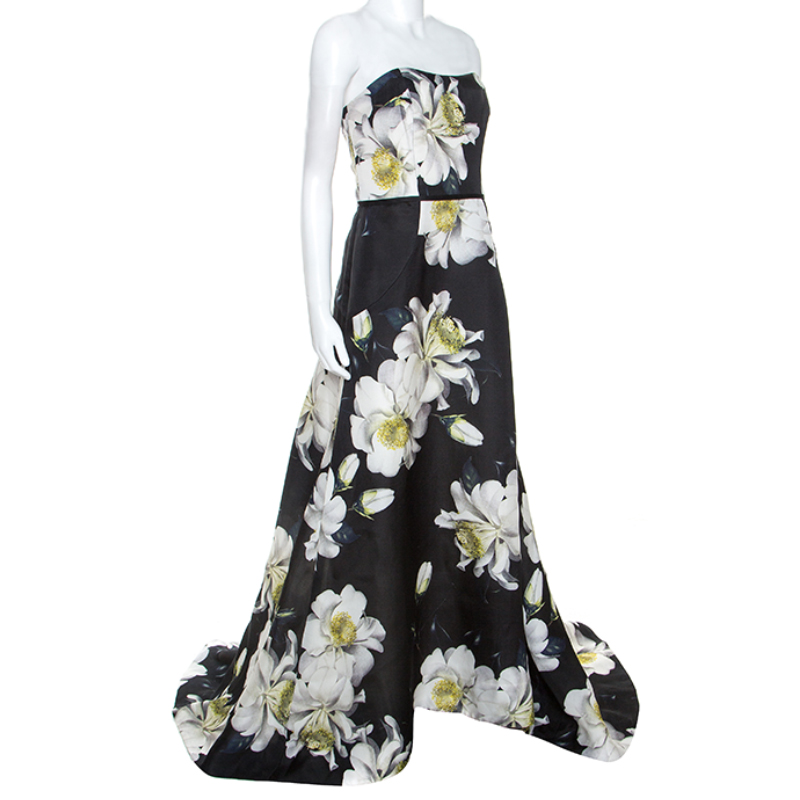 

Carolina Herrera Black Floral Printed Silk Strapless Gazaar Gown