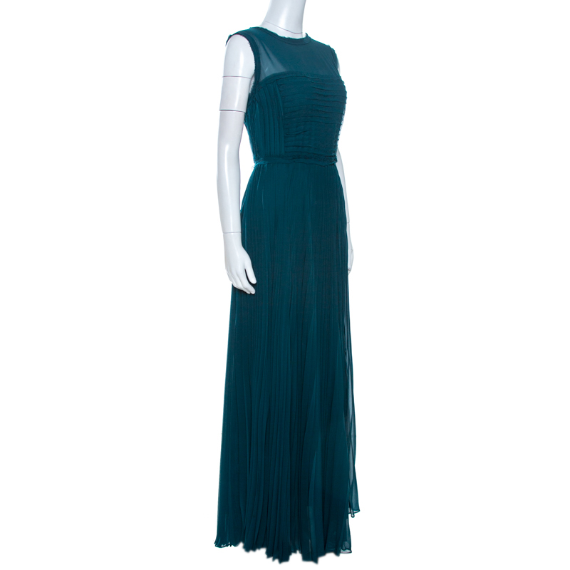 

CH Carolina Herrera Green Crepe Pleated Sleeveless Maxi Dress