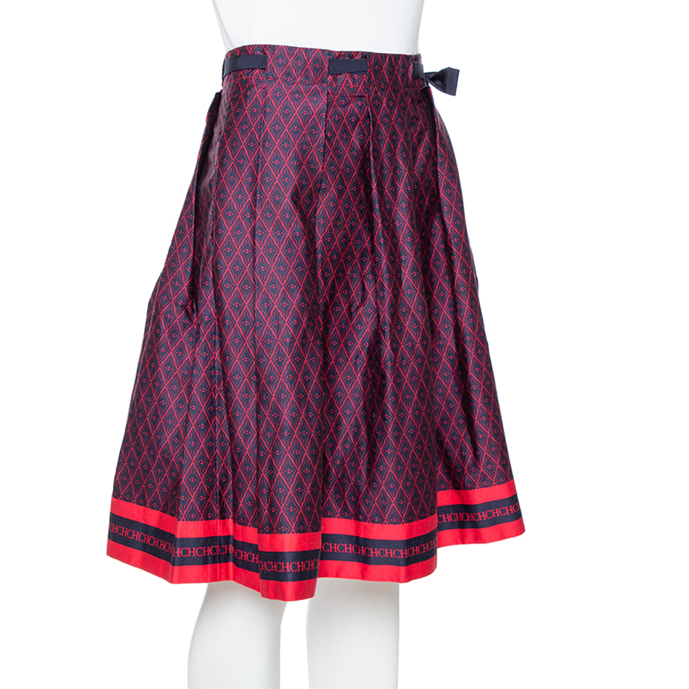 

CH Carolina Herrera Bicolor Printed Cotton Pleated Skirt, Navy blue