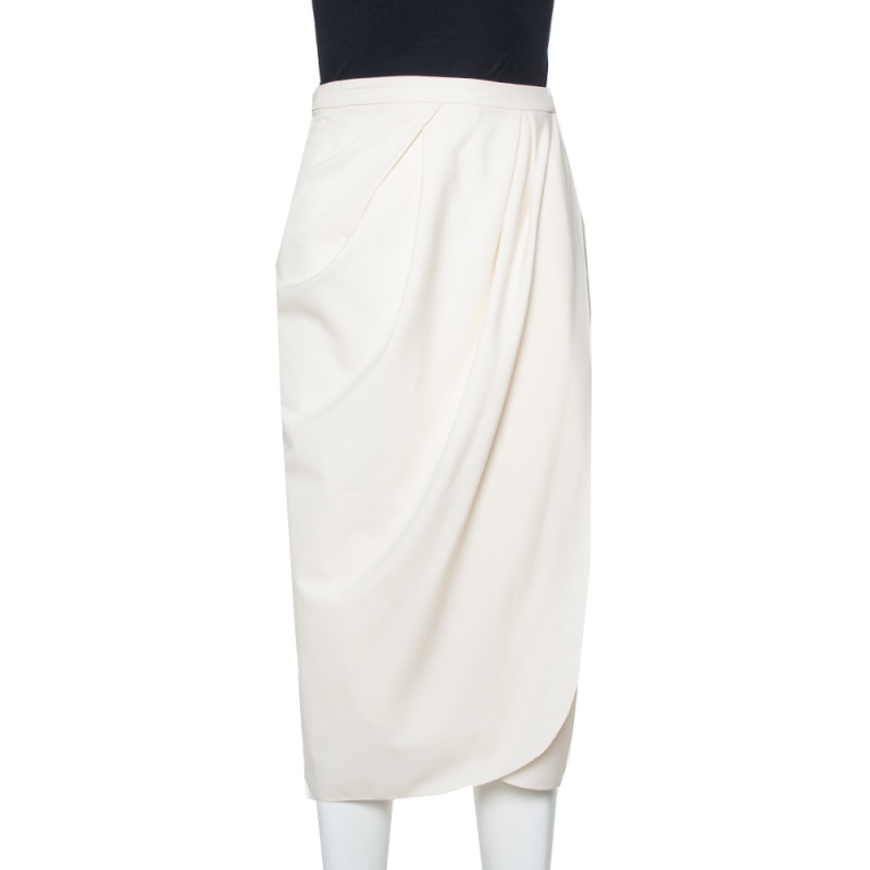 Pre-owned Carolina Herrera Cream Wool & Silk Draped Midi Skirt M