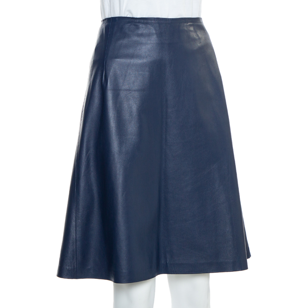 

Carolina Herrera Navy Blue Leather A-Line Skirt