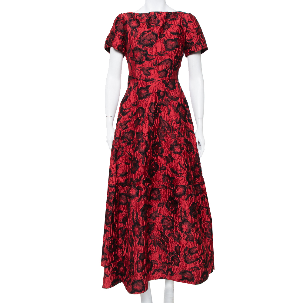 Pre-owned Carolina Herrera Ch  Red & Black Floral Crinkled Brocade Flared Maxi Dress L