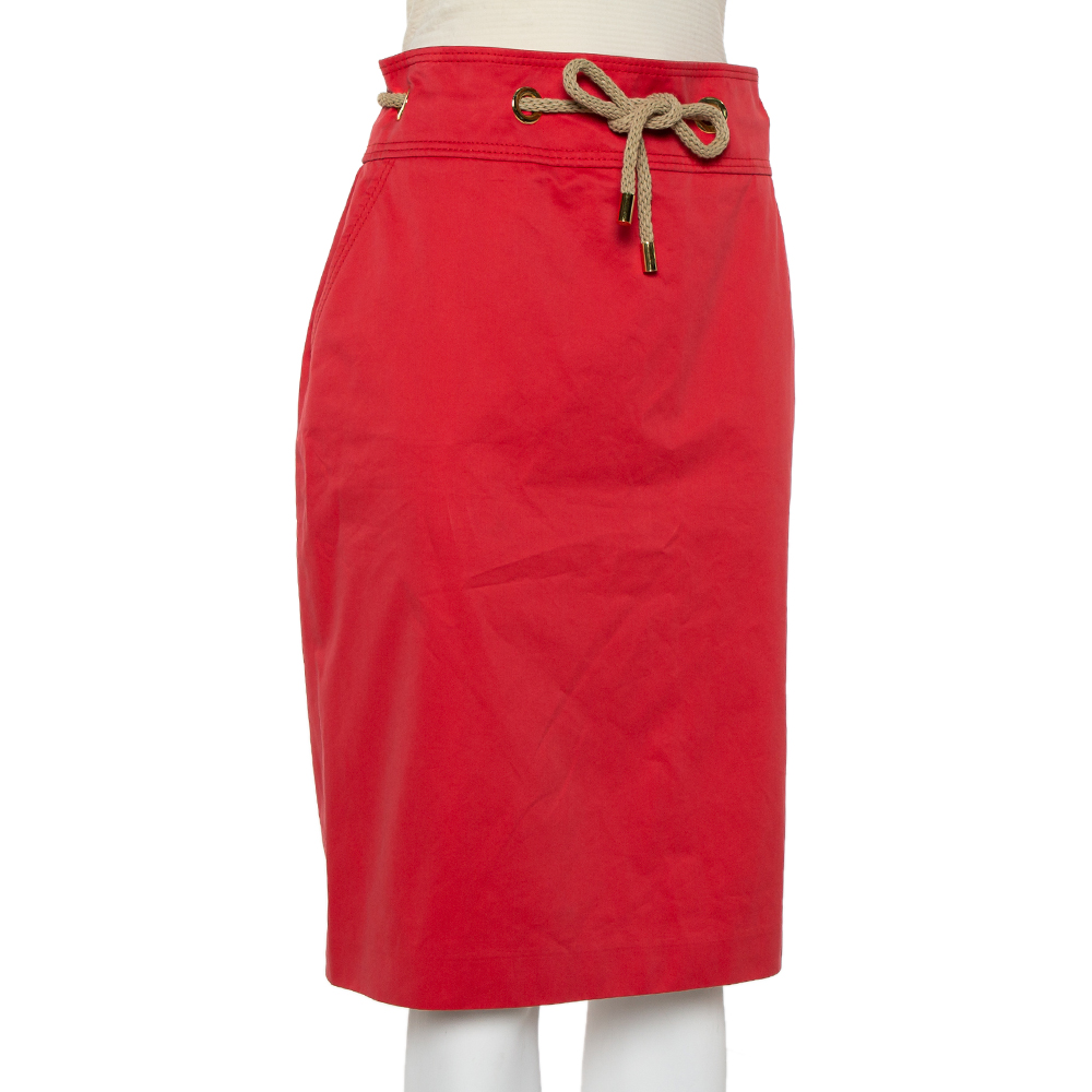 

CH Carolina Herrera Vintage Red Cotton Waist Tie Detail Knee Length Skirt