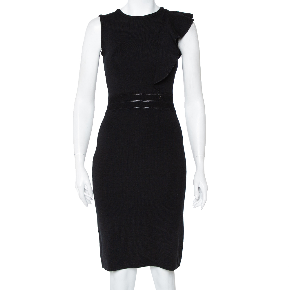 Pre-owned Carolina Herrera Ch  Black Knit Ruffle Detail Midi Dress Xs