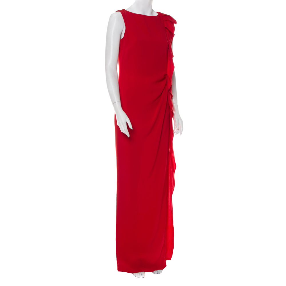 

CH Carolina Herrera Red Crepe Ruffled Detail Sleeveless Maxi Dress
