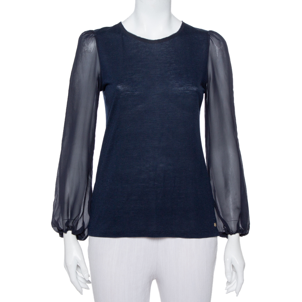 Pre-owned Carolina Herrera Navy Blue Wool & Silk Top Xs