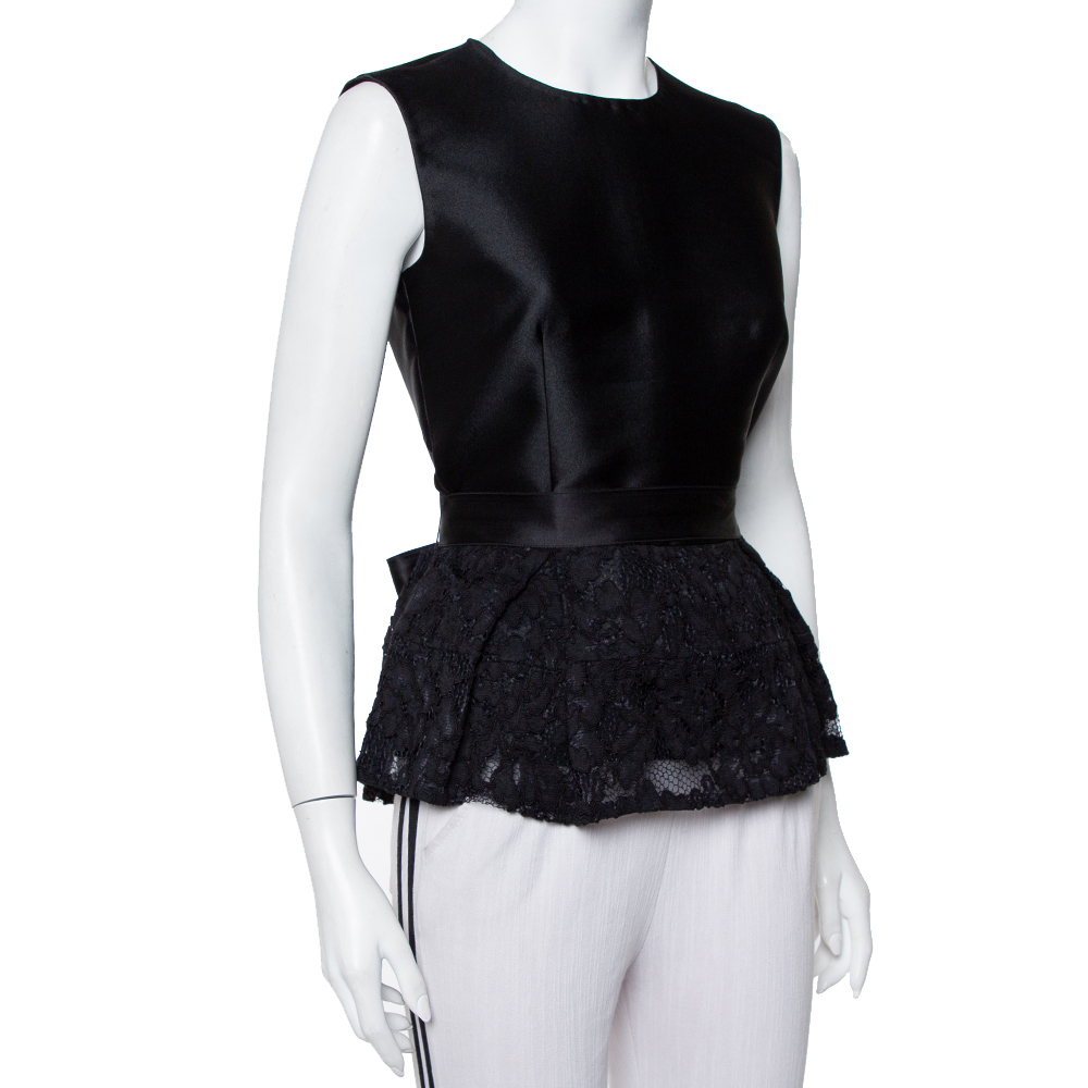 

CH Carolina Herrera Black Satin & Lace Belted Peplum Top