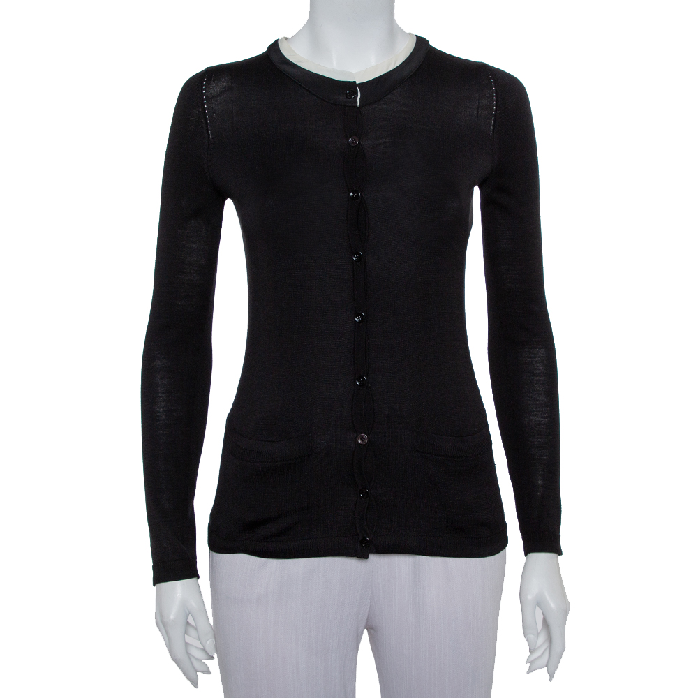 Pre-owned Carolina Herrera Black Knit Contrast Neck Detail Button Front Cardigan Xs