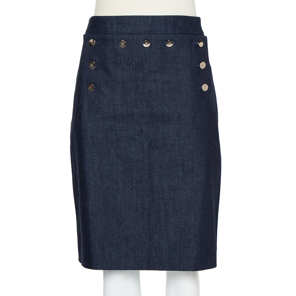Pre-owned Carolina Herrera Navy Blue Denim Button Detail Knee Length Skirt L