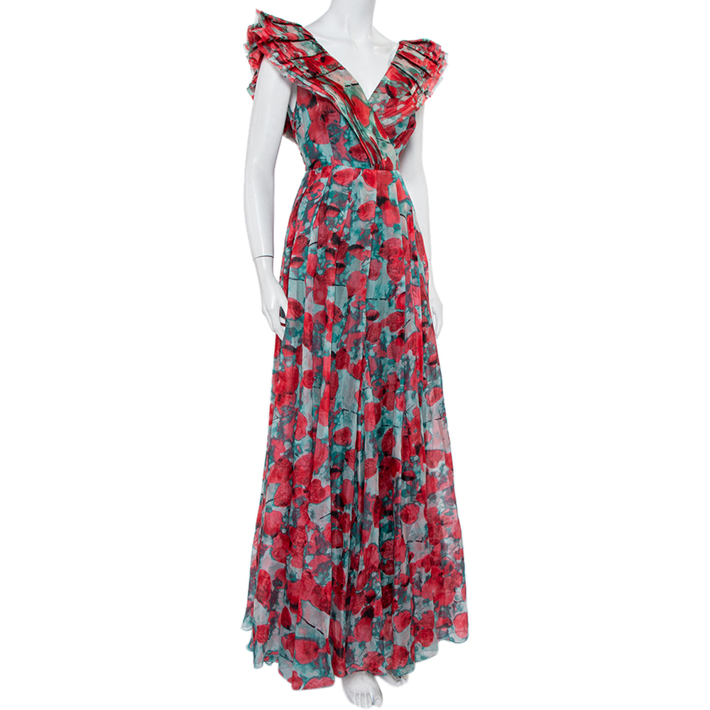 

CH Carolina Herrera Multicolor Abstract Printed Silk Ruffled Pleated Maxi Dress