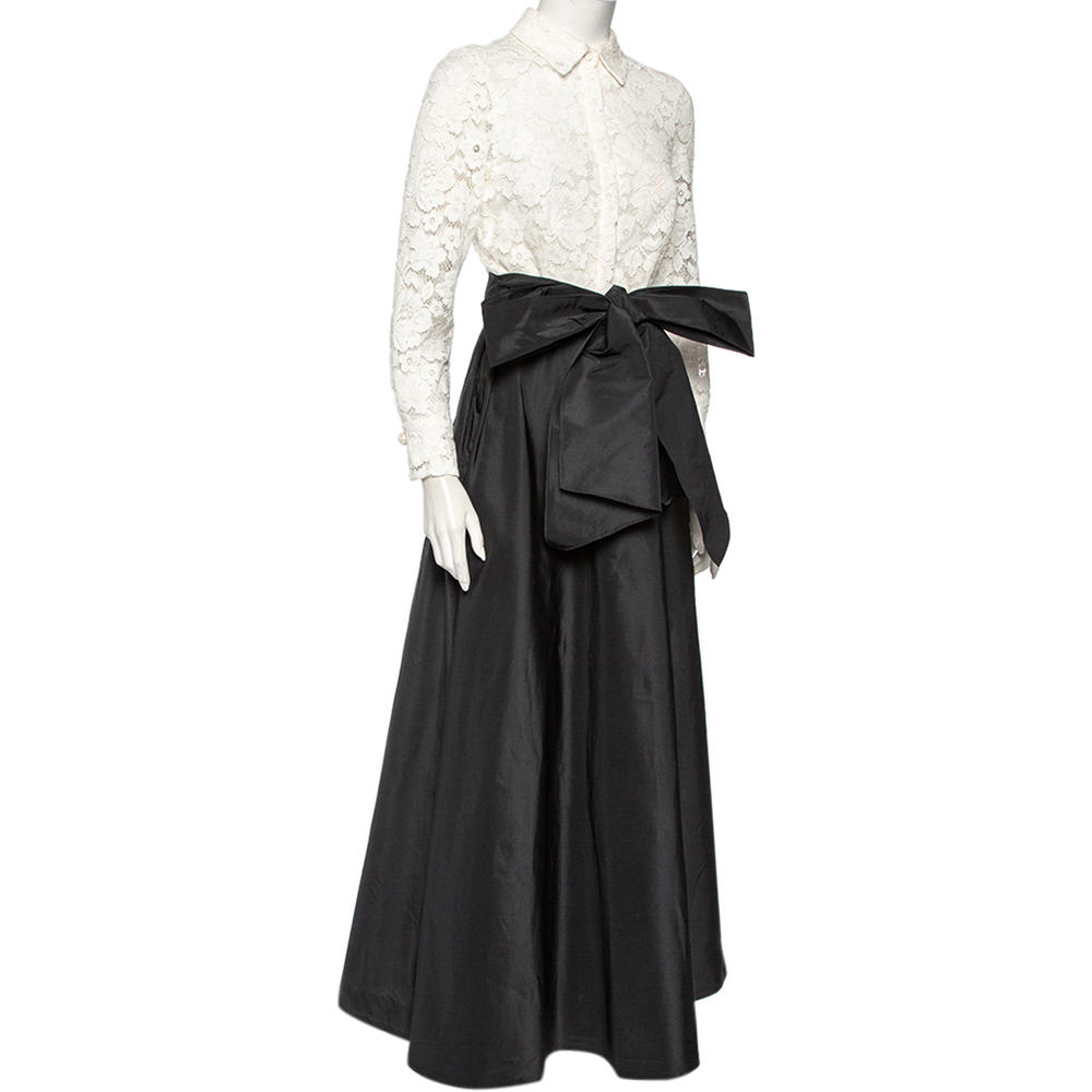 

CH Carolina Herrera Monochrome Lace & Taffeta Paneled Belted Maxi Dress, Black