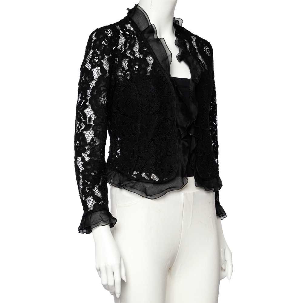 

Carolina Herrera Black Lace Ruffled Trim Button Front Shrug
