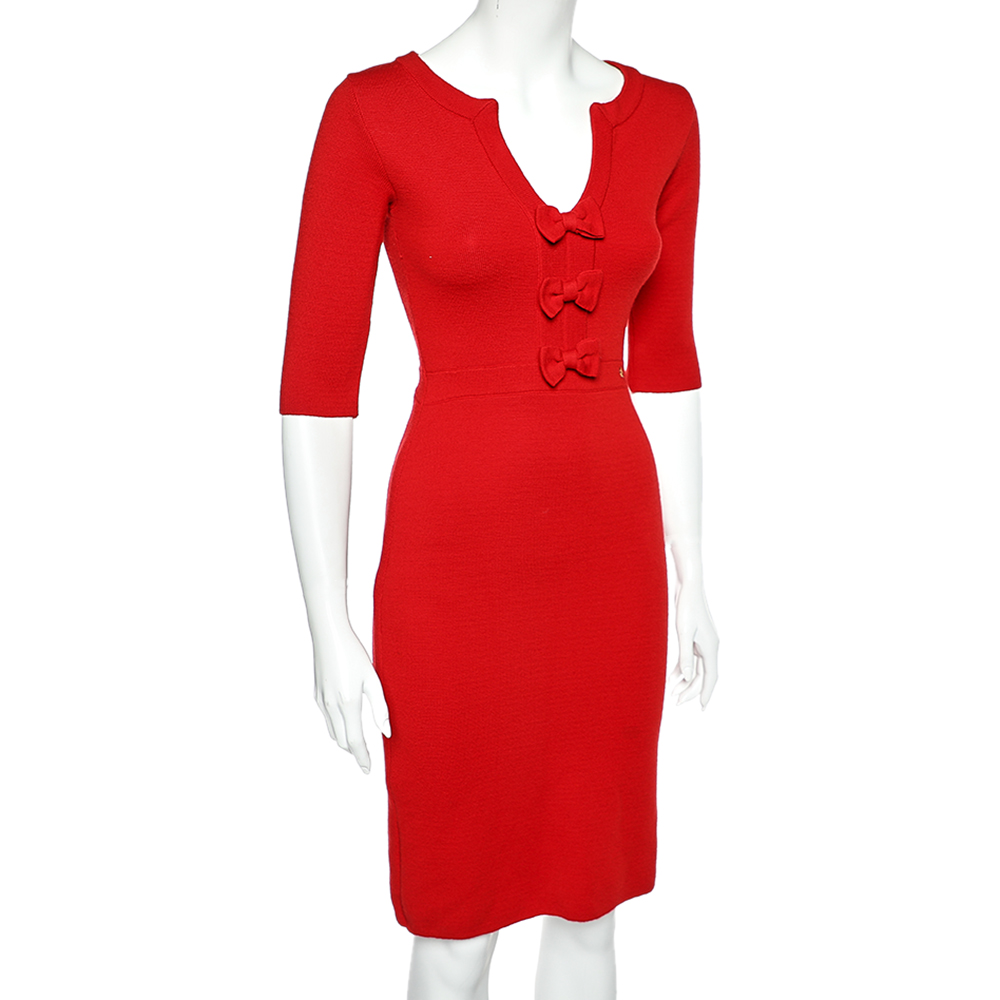 

CH Carolina Herrera Red Wool Knit Bow Detail Dress