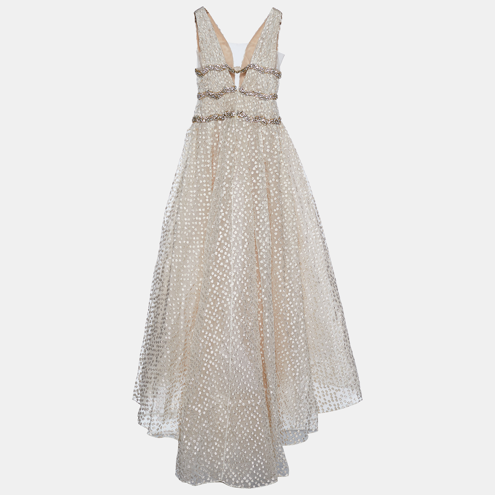 

Carolina Herrera Ivory Lurex Jacquard Crystal Embellished Gown, Beige