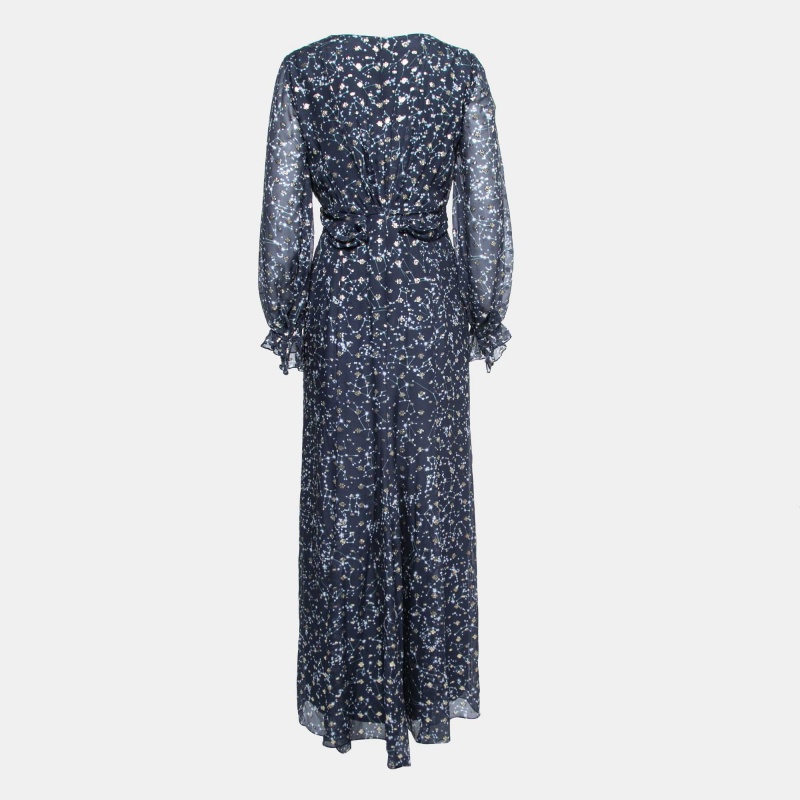 

Carolina Herrera Navy Blue Printed Lurex Inset Silk Maxi Dress
