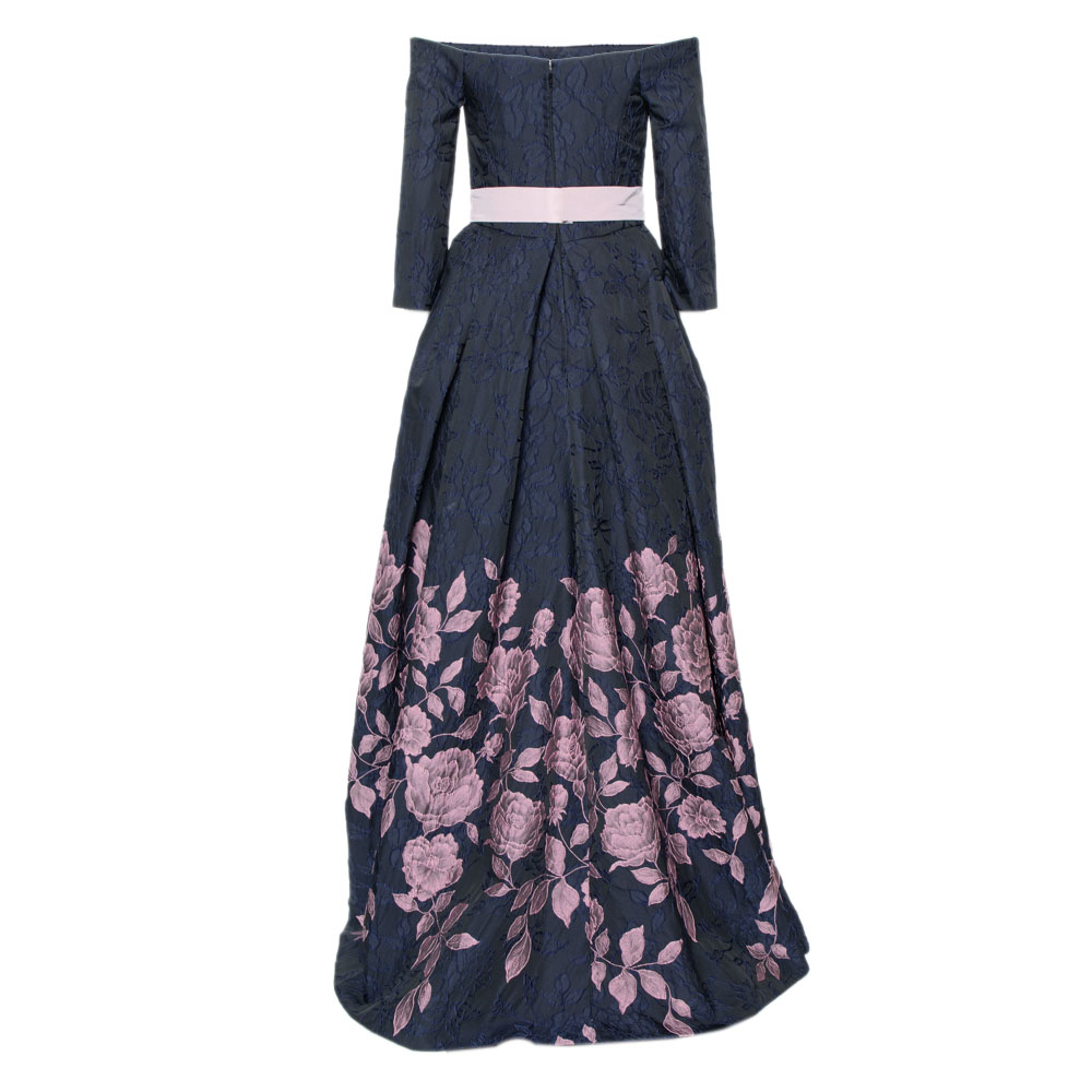 

Carolina Herrera Navy Blue Floral Jacquard Off Shoulder Gown