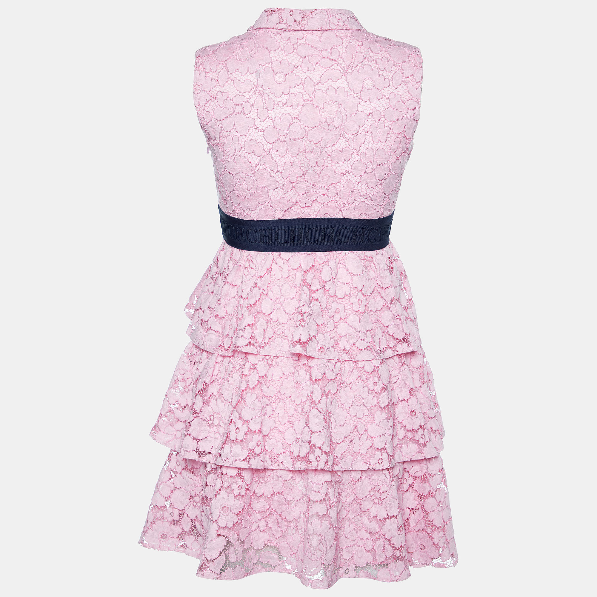 

CH Carolina Herrera Pink Lace Contrast Waist Detail Sleeveless Tiered Mini Dress