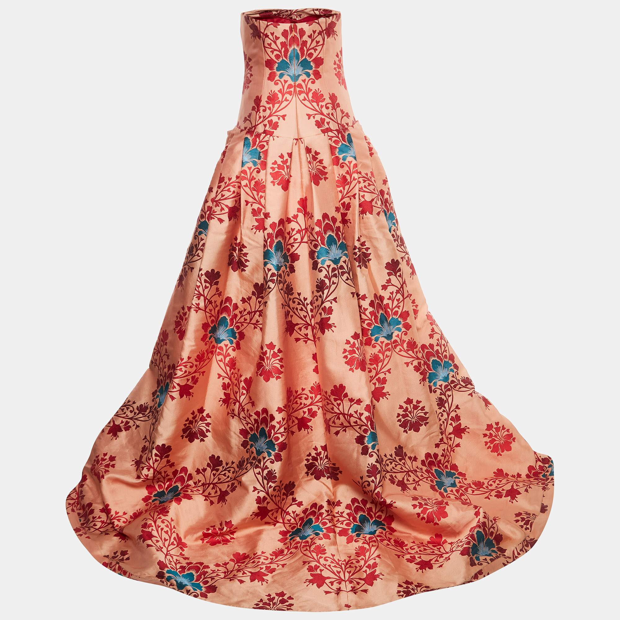 

Carolina Herrera Light Orange Floral Jacquard Strapless Pleated High-Low Gown