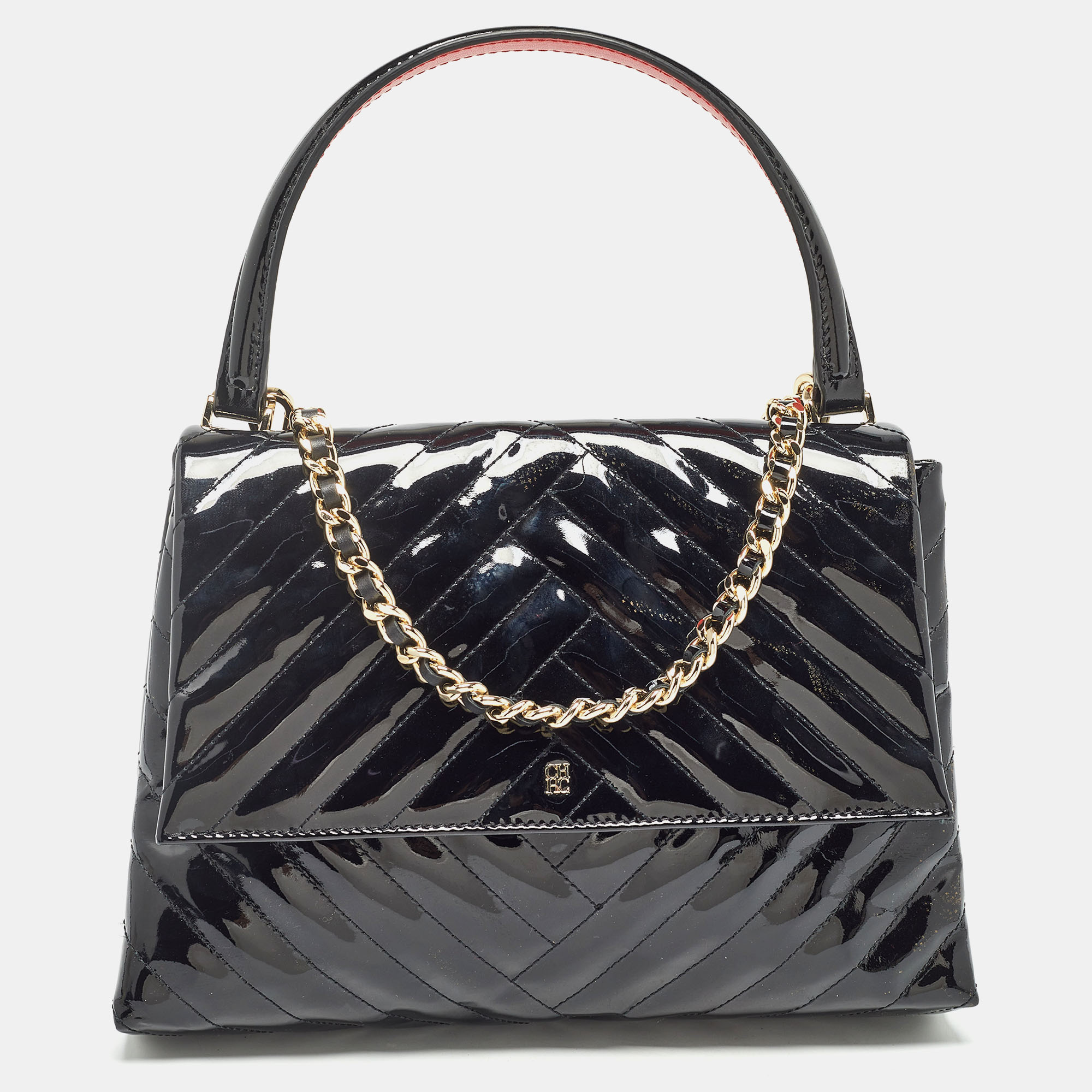 

Carolina Herrera Black Diagonal Quilted Patent Leather Flap Top Handle Bag