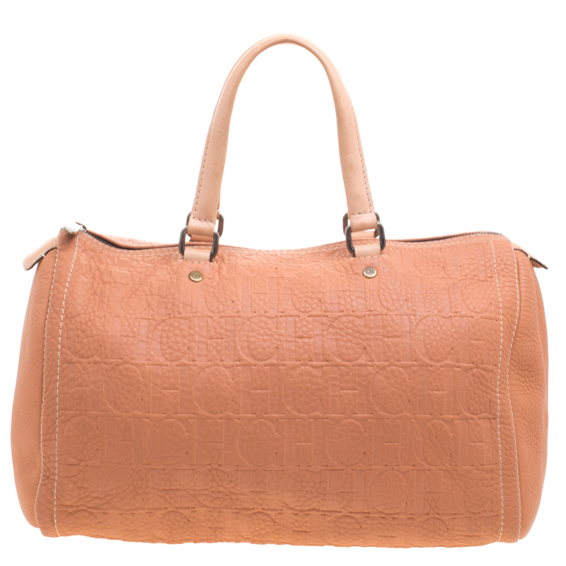 Pre Owned Carolina Herrera Peach Monogram Leather Andy Boston Bag