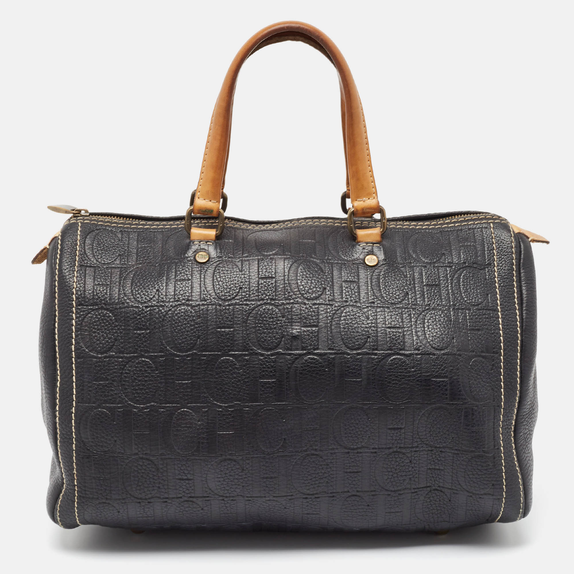 

Carolina Herrera Black/Beige Monogram Leather Large Andy Boston Bag