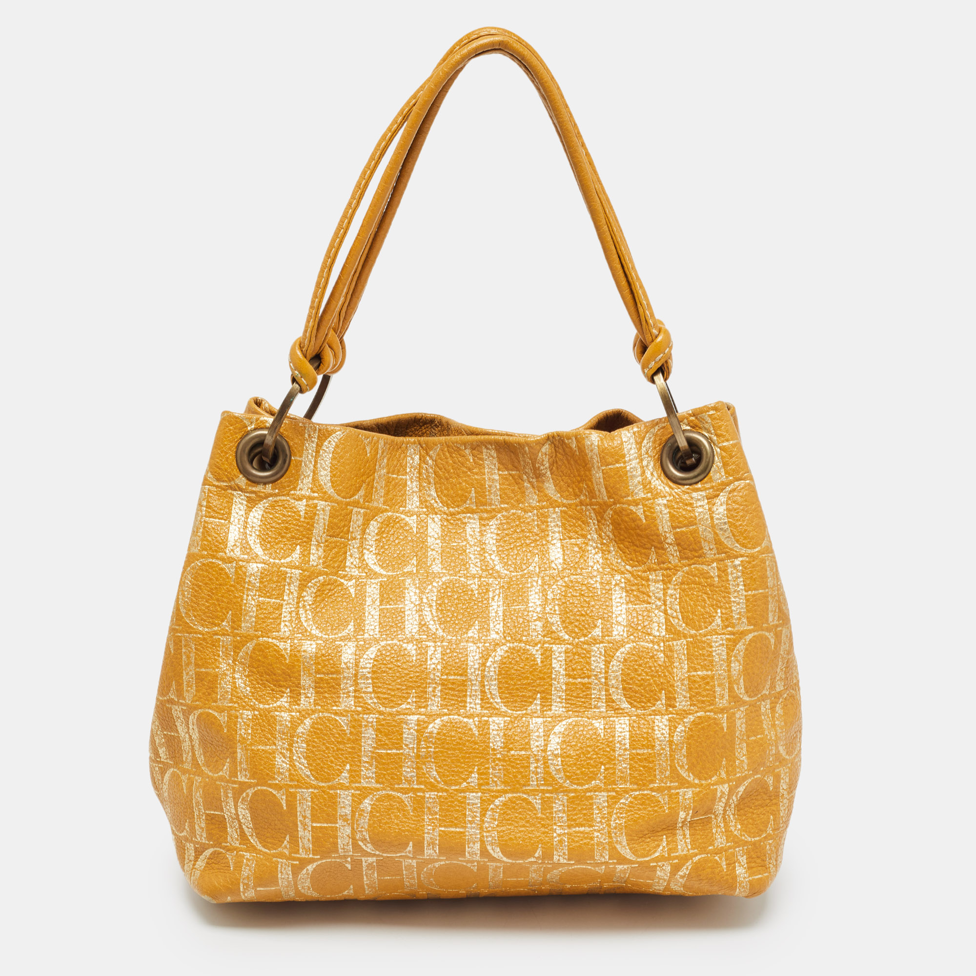 

Carolina Herrera Gold/Mustard Monogram Embossed Leather Ring Handle Hobo