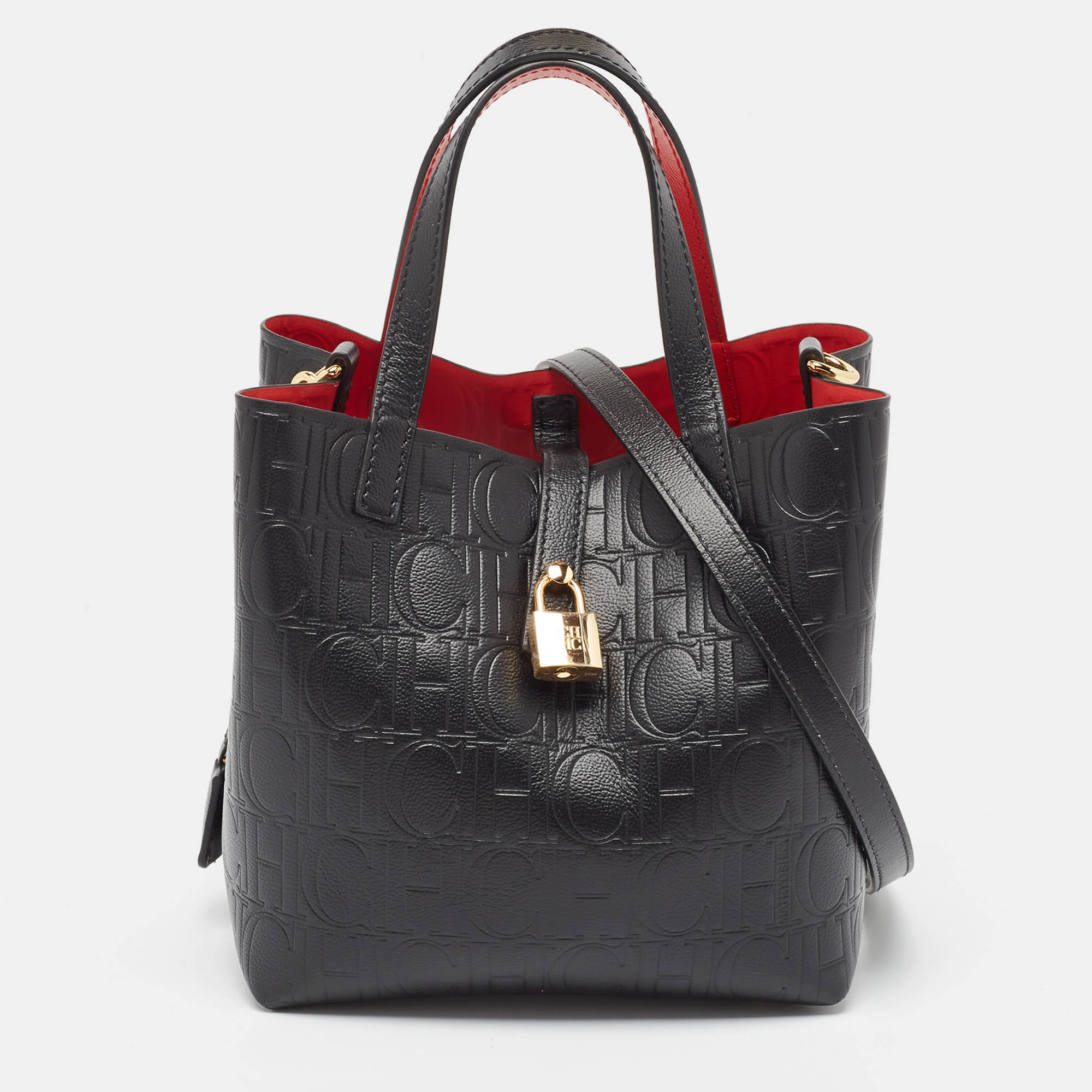 

Carolina Herrera Black Monogram Embossed Leather  Matryoshka Locked Tote