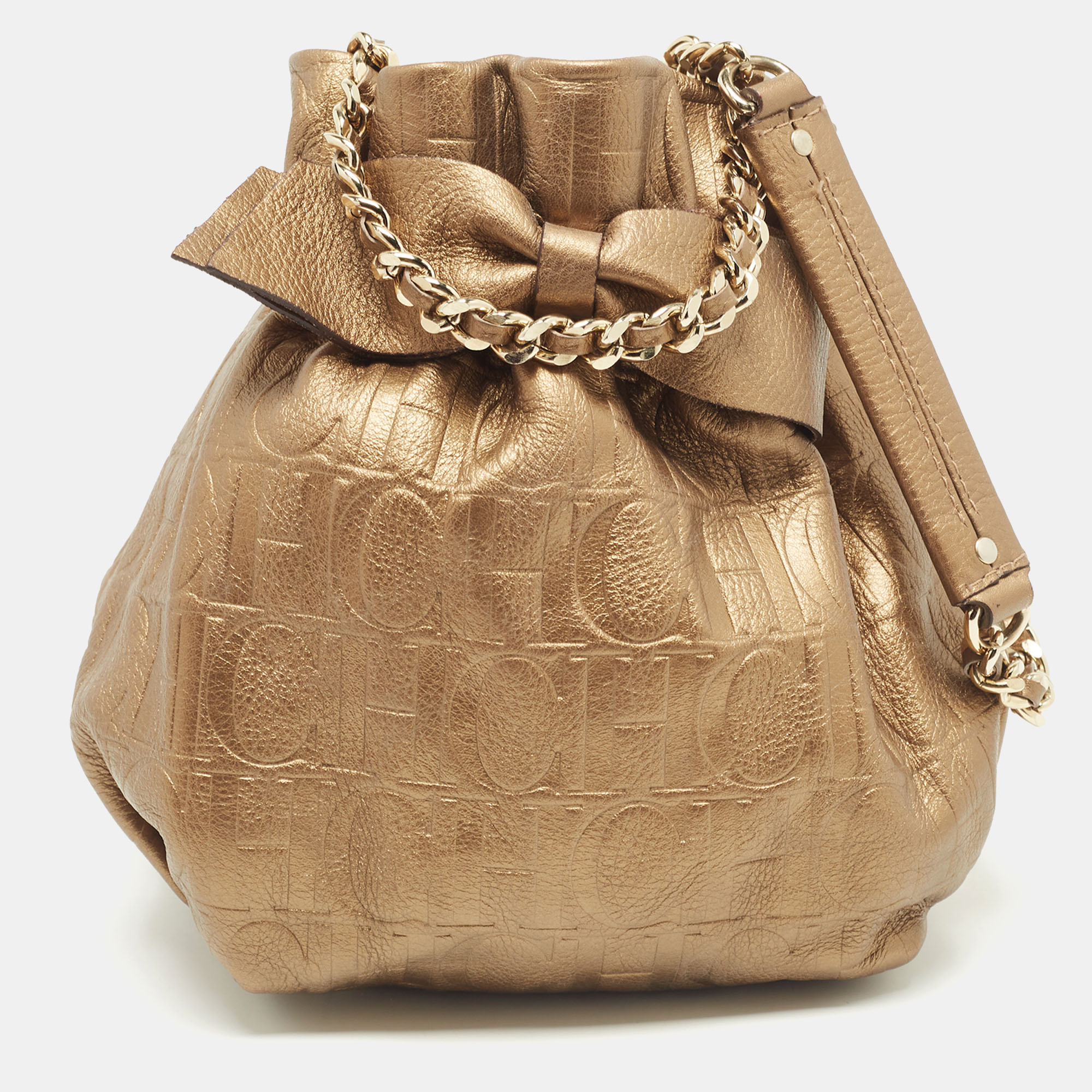 Pre-owned Carolina Herrera Gold Monogram Embossed Leather Bow Bucket Bag